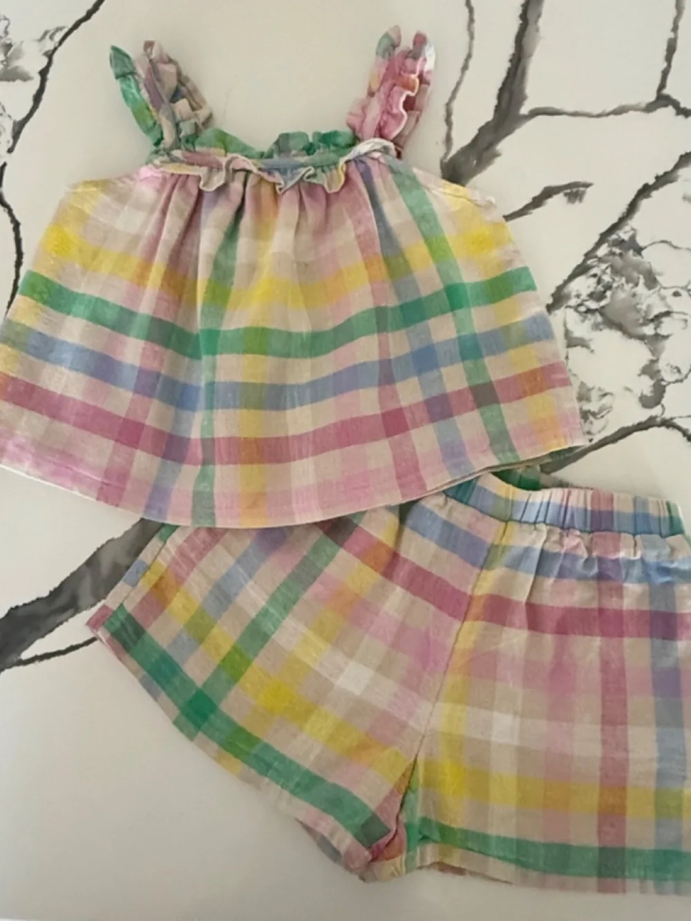 GAP Linen Blend Plaid Shorts & Top NWOT Yellow Ruffle Tee 3T Girls